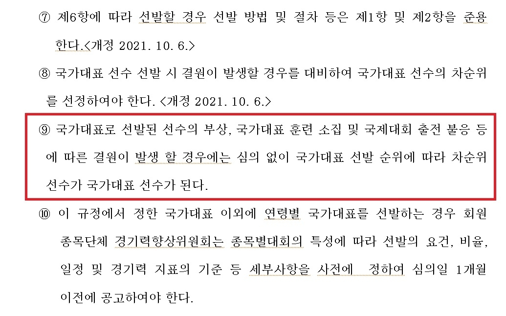 국가대표 선발 및 운영 규정 중 ‘결원 발생 시 추가 선발’ 관련 규정. 협회는 이 규정도 지키지 않았다. 대한체육회·대한스키-스노보드협회 홈페이지