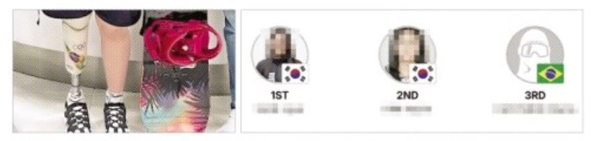 칠레 코랄코 스키리조트에서 2025년 9월 3~4일 열린 남미컵 스노보드 크로스 여자부 경기에 참여한 브라질 선수(왼쪽)가 일상생활에서 오른쪽 다리에 의족을 착용한 모습. B양은 이 선수를 포함해 2명의 브라질 장애인 선수 등 모두 5명이 출전한 대회에서 두 차례 1위를 했고, 이 우승 기록은 B양이 국가대표로 선발되는 근거가 됐다. 국제스키연맹(FIS) 홈페이지·선수 SNS