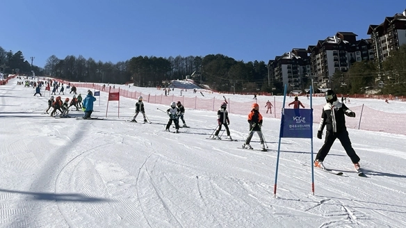 지난 24일 강원도 모나용평에서 열린 ‘더마운틴스튜디오컵 제6회 한국유소년스키연맹 유소년스키대회’에서 참가자들이 대회 시작 전에 코치진의 말에 따라 몸을 풀면서 슬로프 상태를 점검하고 있다. 한국유소년스키연맹 제공