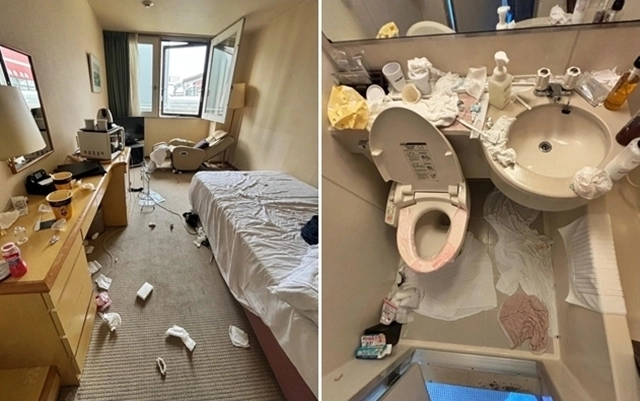 홋카이도 삿포로의 한 게스트하우스에서 일하는 한 남성은 23일 소셜미디어(SNS)에서 “젊은 중국인 여성 관광객 두 명이 체크아웃한 방은 쓰레기장이었다”라며 관련 사진을 올렸다. 2026.1.23 스레드