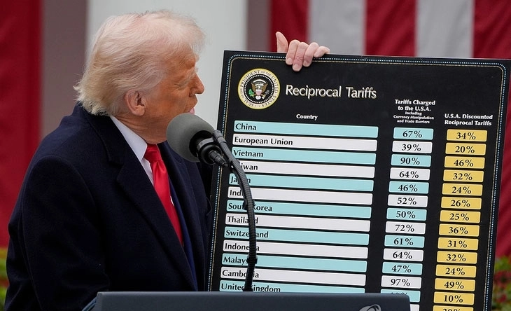 도널드 트럼프 미국 대통령이 지난해 4월 2일(현지시간) 백악관에서 차트를 들고 국가별 상호관세를 발표하고 있다. 한국에 부과하는 상호관세는 25%로 적혀 있다. 서울신문DB