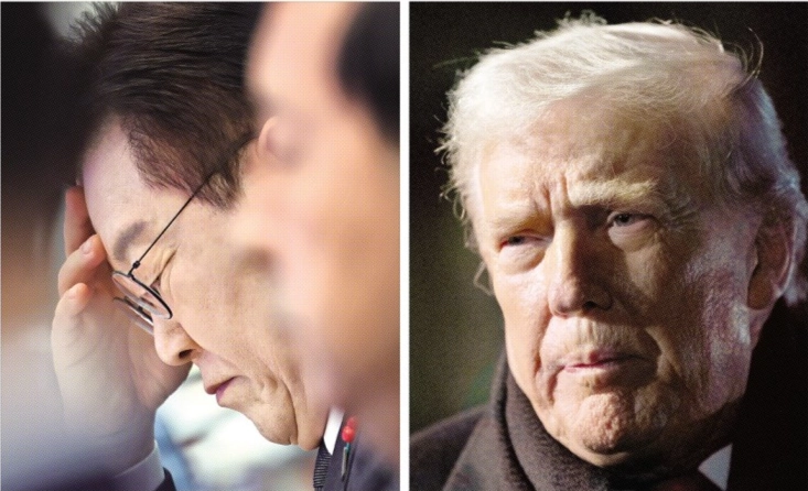 도널드 트럼프 미국 대통령이 한국산 제품에 대한 관세 인상을 공언한 가운데 이재명 대통령이 지난 27일 청와대에서 국무회의를 주재하며 이마를 짚고 생각에 잠겨 있다 (왼쪽 사진). 오른쪽 사진은 지난 20일(현지시간) 백악관 사우스론에서 마린원을 타고 떠나기 전 트럼프 대통령의 모습. 뉴스1·워싱턴DC AP 연합뉴스