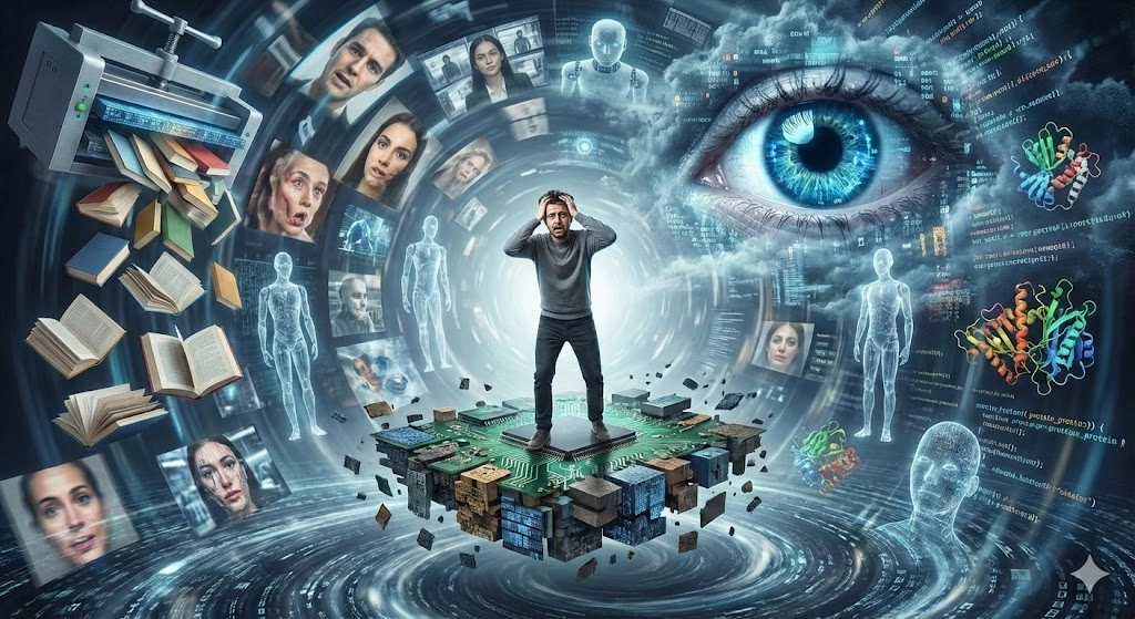 생성형 인공지능(AI) 제미나이에게 ‘AI 현기증과 관련된 이미지를 만들어 봐’라고 지시하자 불과 10초도 걸리지 않아 그럴듯한 삽화가 만들어졌다.