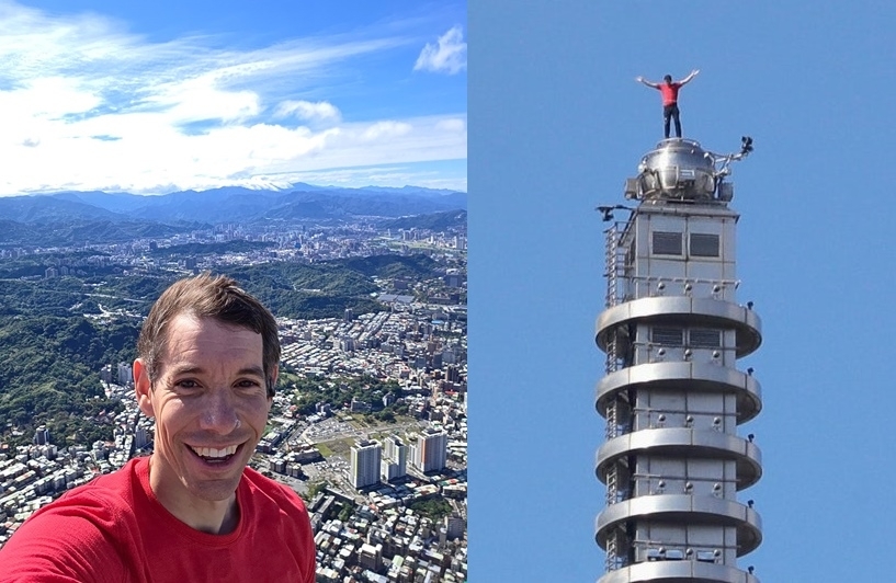 미국의 ‘프리 솔로’ 암벽등반가 알렉스 호놀드가 25일 대만 타이베이의 초고층 빌딩인 ‘타이베이 101’에 아무런 안전 장비 없이 맨몸으로 등반하는 데 성공했다.(왼쪽) 빌딩 정상에 오른 호놀드가 휴대전화로 ‘셀카’를 찍고 있다.(오른쪽) 알렉스 호놀드 엑스·AFP 연합뉴스