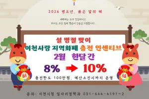 이천시, 설 명절 맞아 2월 ‘이천사랑지역화폐’ 충전 인센티브 10%↑