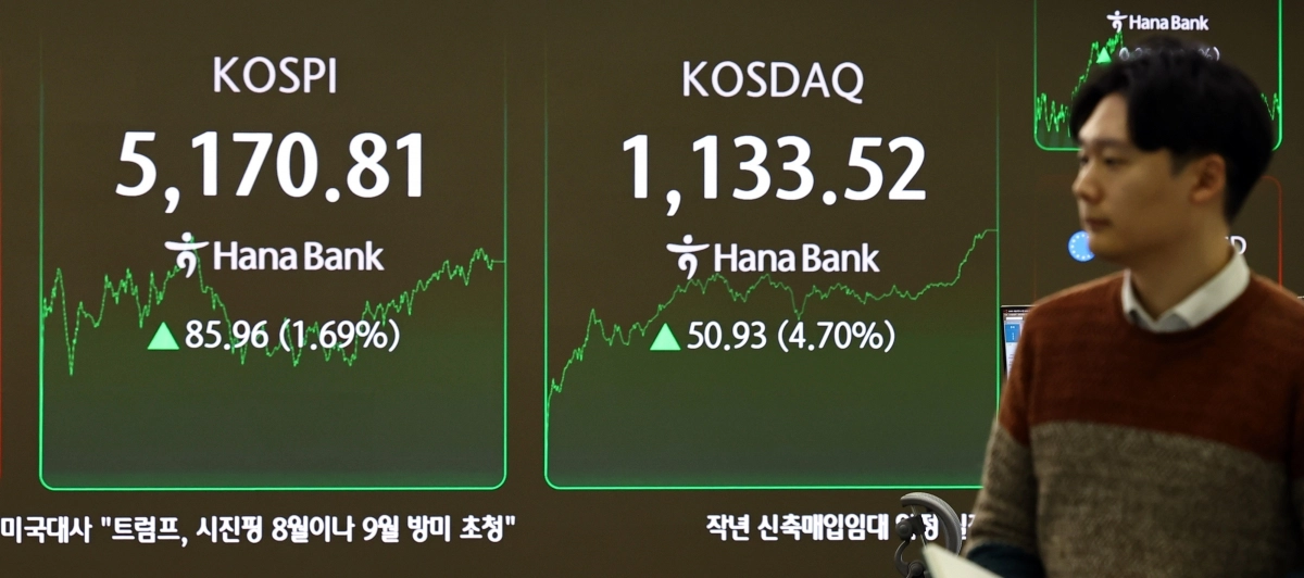 코스피가 사상 처음으로 5100선을 돌파한 채 장을 마감한 28일 서울 중구 하나은행 딜링룸 전광판에 코스피·코스닥 지수가 표시돼 있다. 이날 코스피는 장중 5183.44까지 오르며 최고치를 경신한 뒤 5170.81로 마감했다. 코스닥도 1133.52에 마감하며 시가총액 기록을 하루 만에 다시 세웠다. 뉴시스