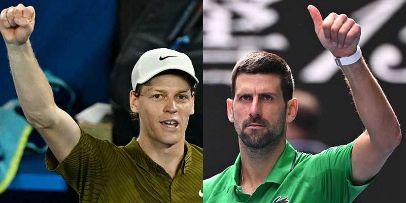 야니크 신네르(왼쪽)와 노바크 조코비치가 28일 호주 멜버른 로드 레이버 아레나에서 열린 호주오픈 테니스 대회 8강에서 각각 승리를 거둔 후 손을 들어보이고 있다. 2026.1.28 멜버른 AFP·EPA 연합뉴스