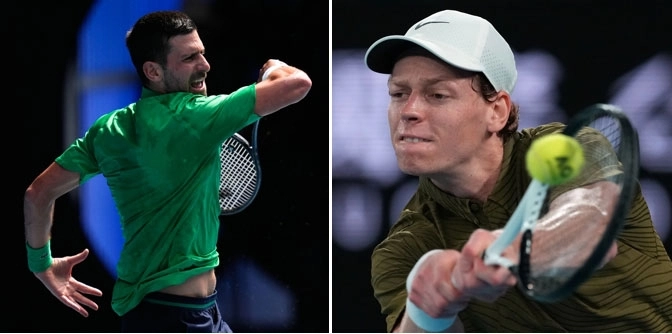 노바크 조코비치(세르비아·왼쪽)가 28일 호주 멜버른에서 열린 호주 오픈 테니스 대회 남자 단식 8강전에서 리턴샷을 날리고 있다. 조코비치는 로렌초 무세티(이탈리아)에게 1·2세트를 내줬지만 무세티가 부상으로 기권하면서 준결승에 진출했다. 오른쪽 사진은 벤 셸턴(미국)을 가볍게 누르고 4강에 진출하는 얀니크 신네르(이탈리아). 신네르와 조코비치는 오는 30일 4강전에서 맞붙는다. 멜버른 AP 연합뉴스