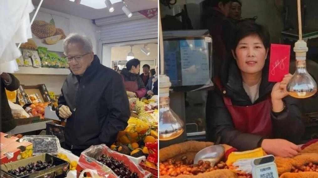 중국 상하이 시장 방문한 젠슨 황 엔비디아 CEO(왼쪽)와 훙바오 받은 상인. 홍콩 성도일보 캡처