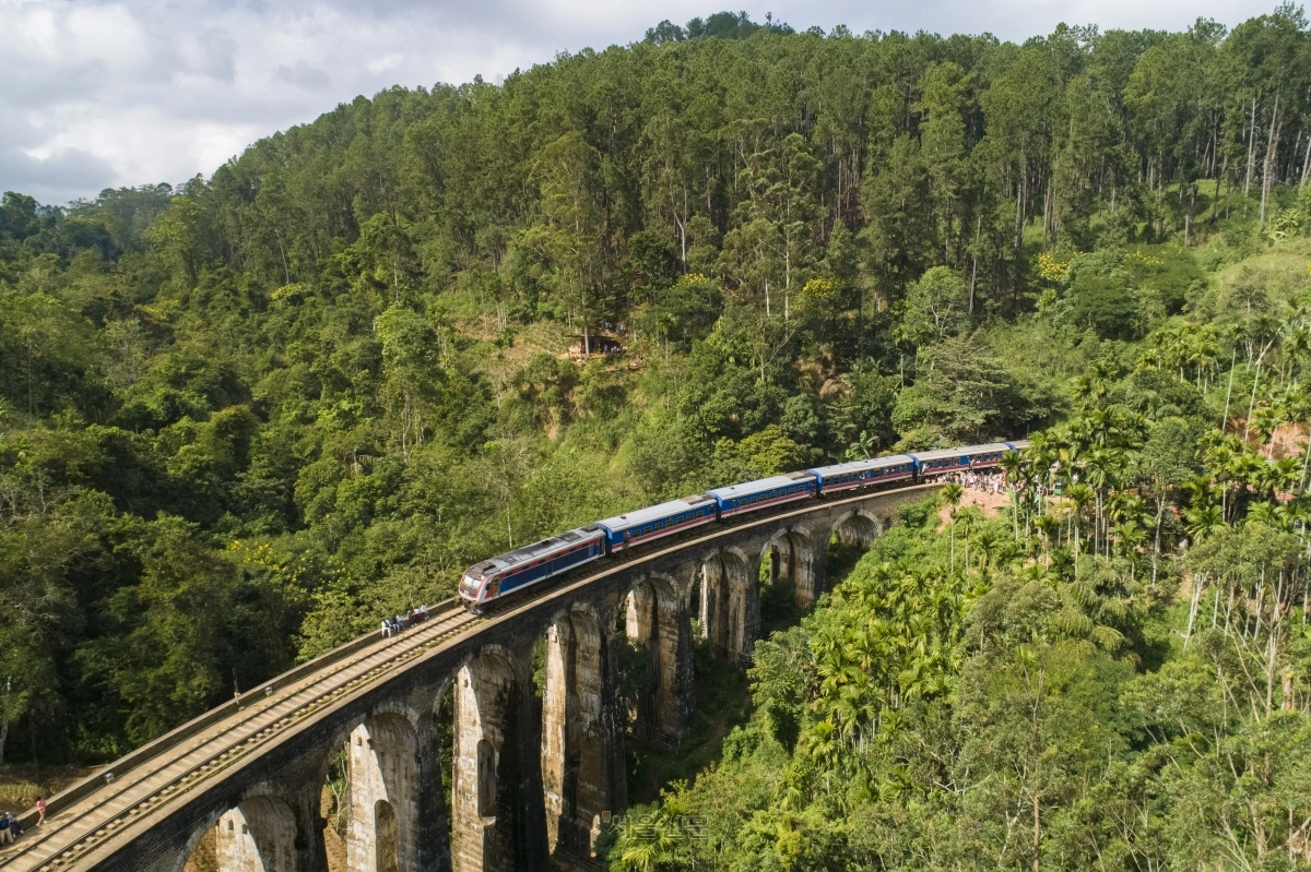 스리랑카 완행열차가 엘라의 대표적 명소인 나인 아치 브리지를 지나고 있다.