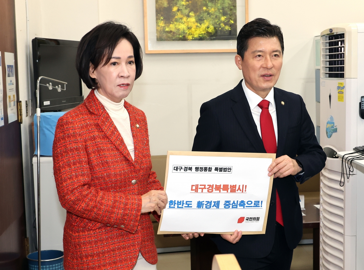 국민의힘 이인선 대구시당위원장(왼쪽)과 구자근 경북도당위원장이 30일 국회 의안과에 ‘대구ㆍ경북 행정통합 특별법안’을 제출하고 있다. 연합뉴스