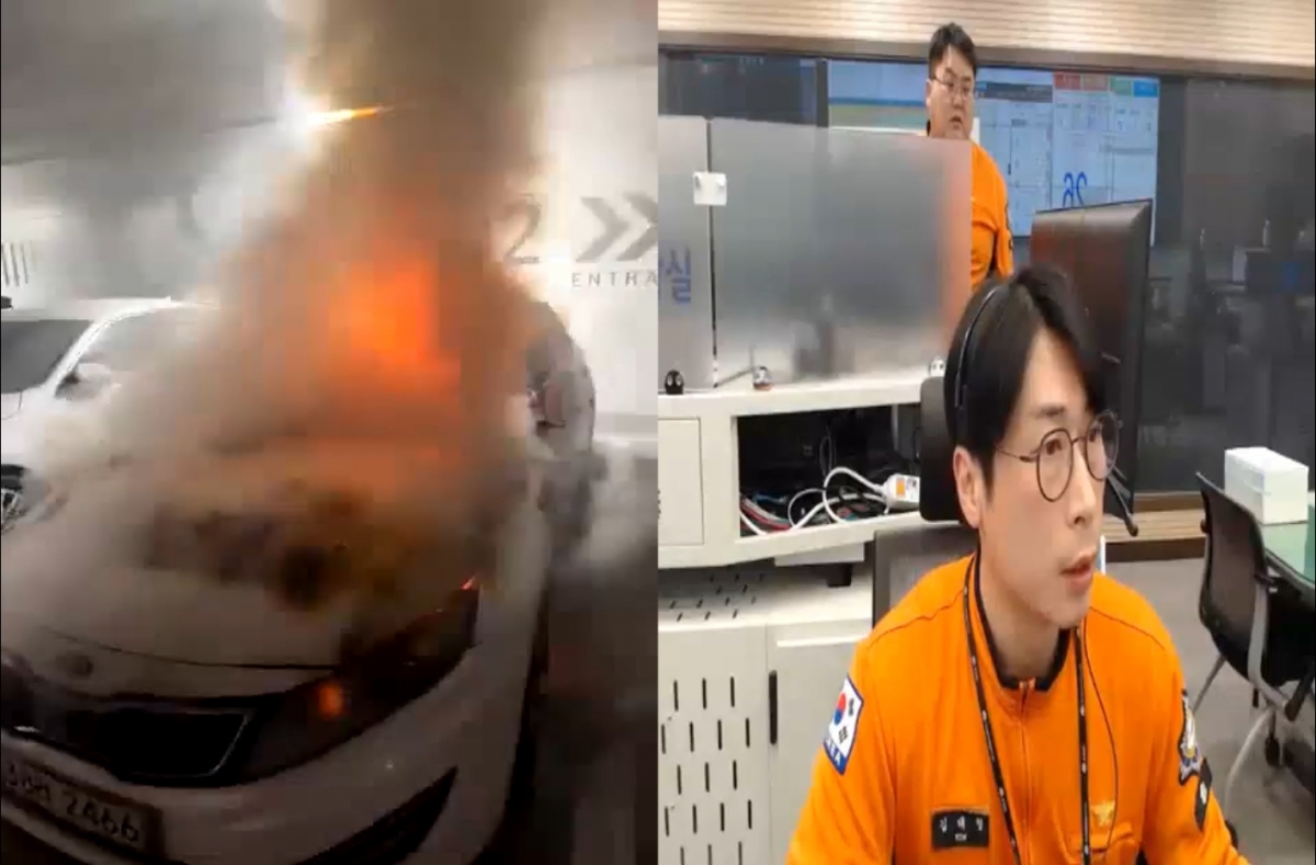 지난 26일 오후 11시 47분 충남 아산 오피스텔에서 발생한 화재 신고 당시 상황. 김태형 소방위가 영상 통화로 신고자가 진화 요령 등을 설명하고 있다. 충남소방본부 제공