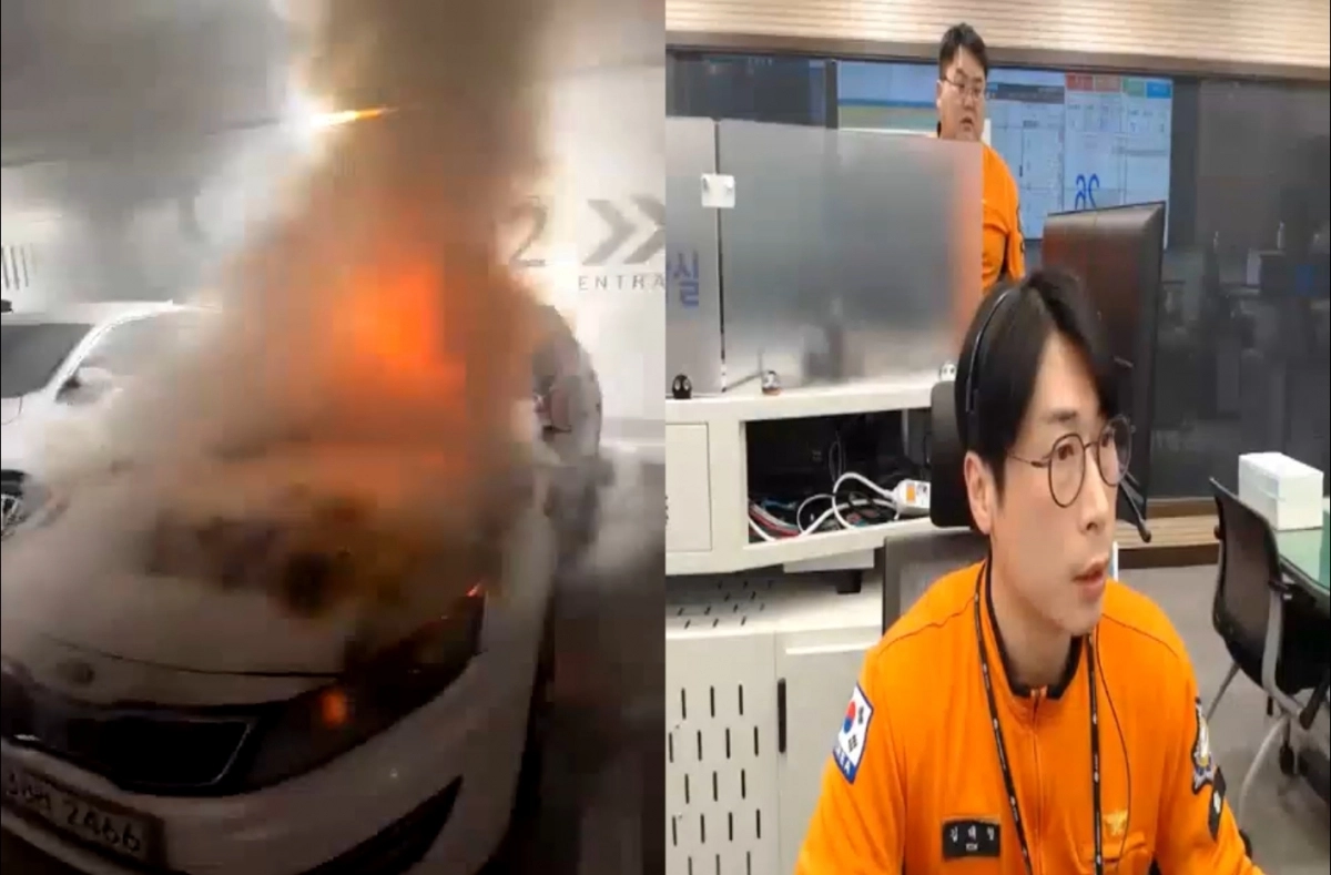 지난 26일 오후 11시 47분 충남 아산 오피스텔에서 발생한 화재 신고 당시 상황. 김태형 소방위가 영상 통화로 신고자가 진화 요령 등을 설명하고 있다. 충남소방본부 제공