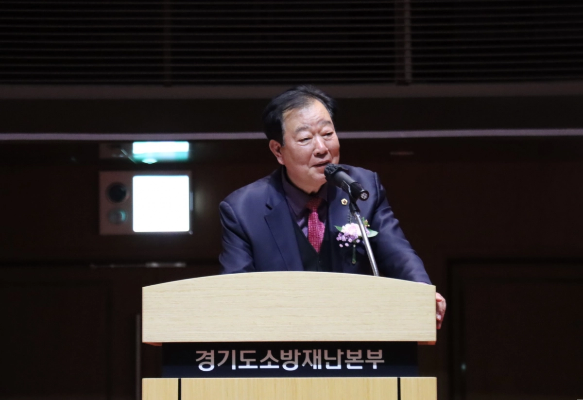 임상오 위원장이 ‘2026년 경기도 의용소방대 연합회장 취임식’에서 축사를 하고 있다.(사진=경기도의호)