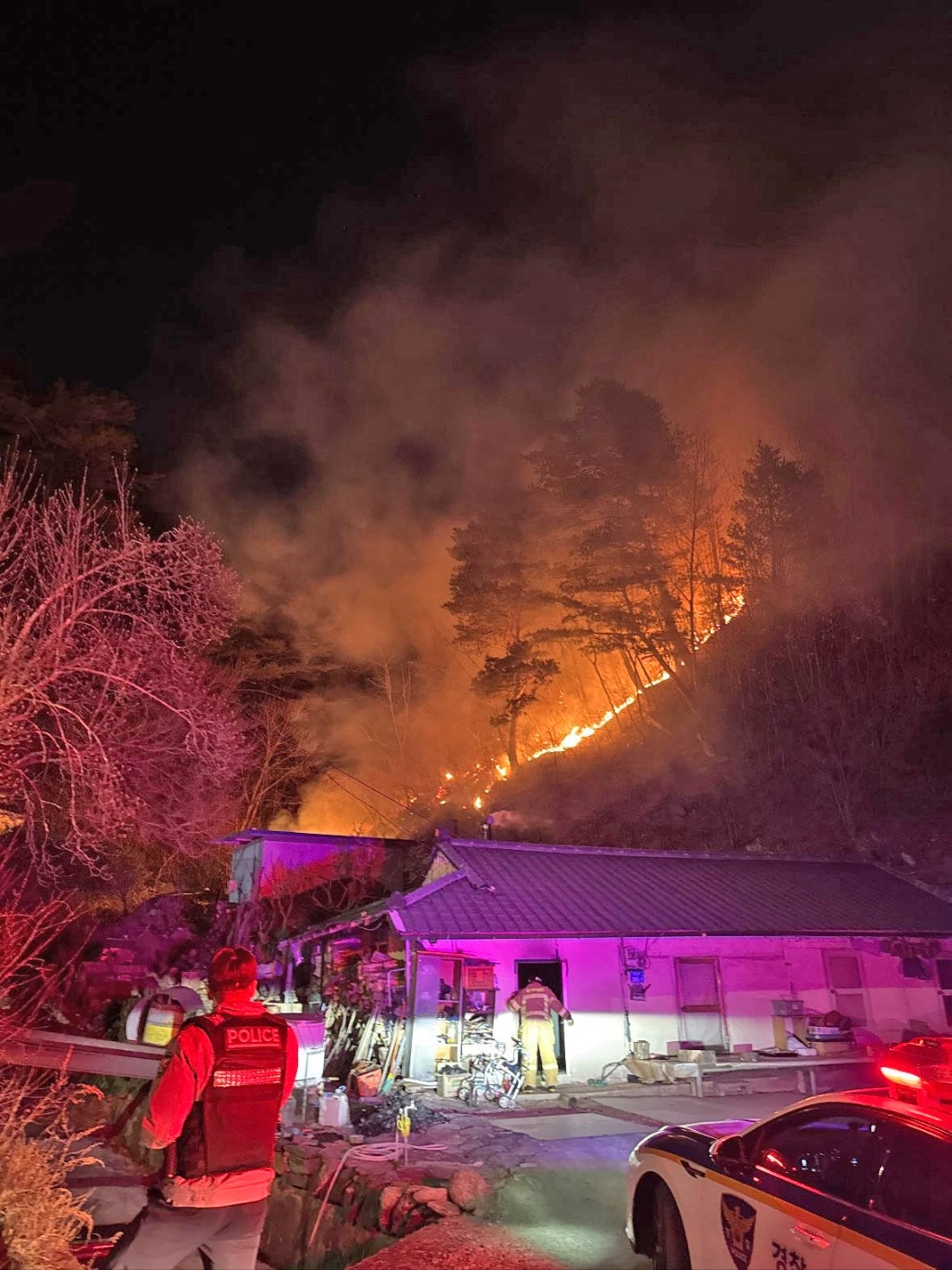 1일 오후 강원 동해시 달방동의 한 야산에서 산불이 발생해 진화대원이 투입돼 불을 끄고 있다. 연합뉴스