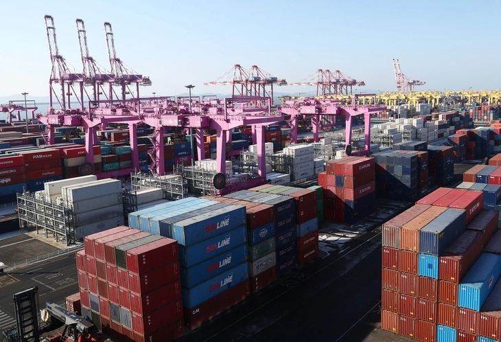 사진은 1일 인천신항 터미널에 수출입용 컨테이너가 빼곡하게 쌓여 있는 모습. 뉴스1