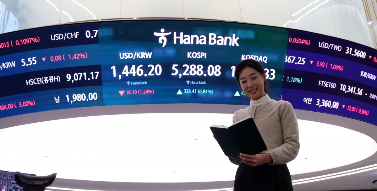 코스피가 전 거래일(4949.67)보다 338.41포인트(6.84%) 오른 5288.08에 마감한 3일 오후 서울 중구 하나은행 딜링룸 전광판에 지수가 표시되어 있다. 코스닥 지수는 전 거래일(1098.36)보다 45.97포인트(4.19%) 오른 1144.33, 서울 외환시장에서 원·달러 환율은 전 거래일(1464.3원)보다 18.9원 내린 1445.4원에 주간 거래를 마감했다. 2026.02.03. 뉴시스