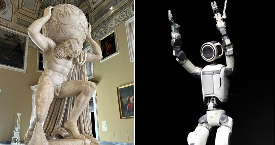 이탈리아 나폴리 국립 고고학 박물관이 소장하고 있는 그리스·로마 신화 속 거인 아틀라스의 조각상(왼쪽)과 지난달 보스턴다이내믹스가 공개한 휴머노이드 로봇 아틀라스(오른쪽). 위키피디아·라스베이거스 연합뉴스