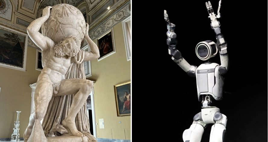 이탈리아 나폴리 국립 고고학 박물관이 소장하고 있는 그리스·로마 신화 속 거인 아틀라스의 조각상(왼쪽)과 지난달 보스턴다이내믹스가 공개한 휴머노이드 로봇 아틀라스(오른쪽). 위키피디아·라스베이거스 연합뉴스