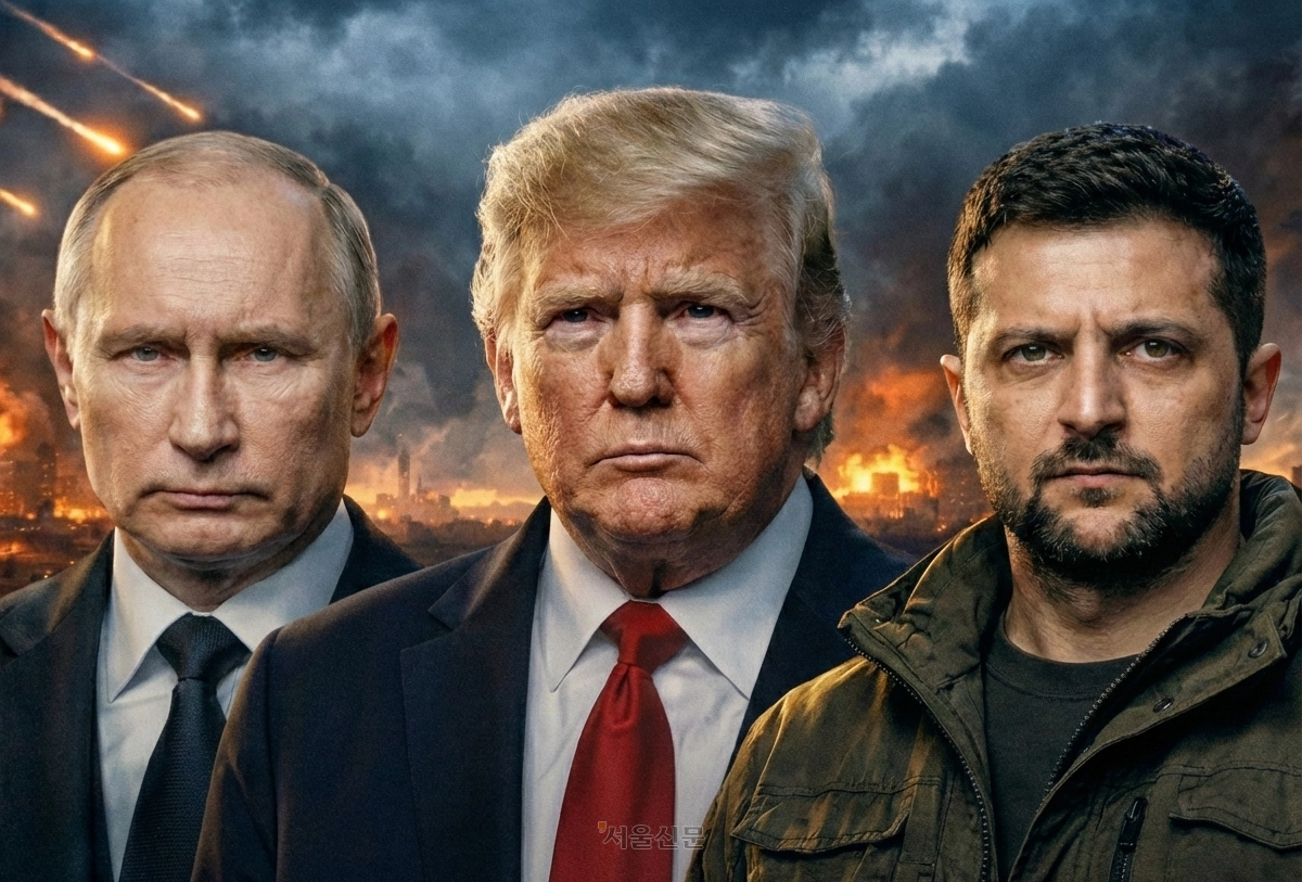 인공지능으로 생성한 자료사진. 왼쪽부터 블라디미르 푸틴 러시아 대통령, 도널드 트럼프 미국 대통령, 볼로디미르 젤렌스키 우크라이나 대통령.