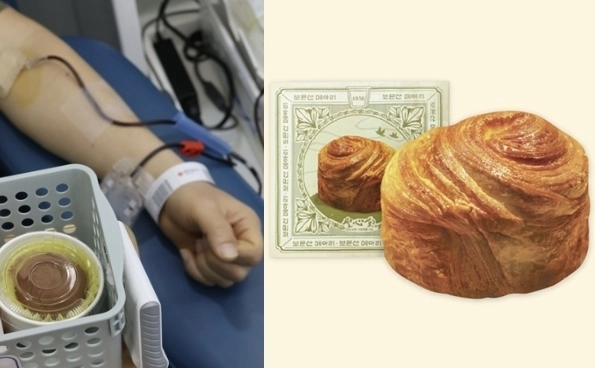 29일 서울 종로구 대한적십자사 서울동부혈액원 헌혈의집 광화문센터에서 전혈 혈소판 헌혈을 하는 헌혈자의 옆에 증정품인 ‘두바이 쫀득 쿠키(두쫀쿠)’가 놓여있다.(왼쪽) 대한적십자사 충북혈액원은 오는 12~13일 관할 헌혈의집에서 전혈 및 혈소판 헌혈을 하는 사람들에게 대전 성심당의 ‘보문산 메아리’를 증정한다. 자료 : 연합뉴스·성심당