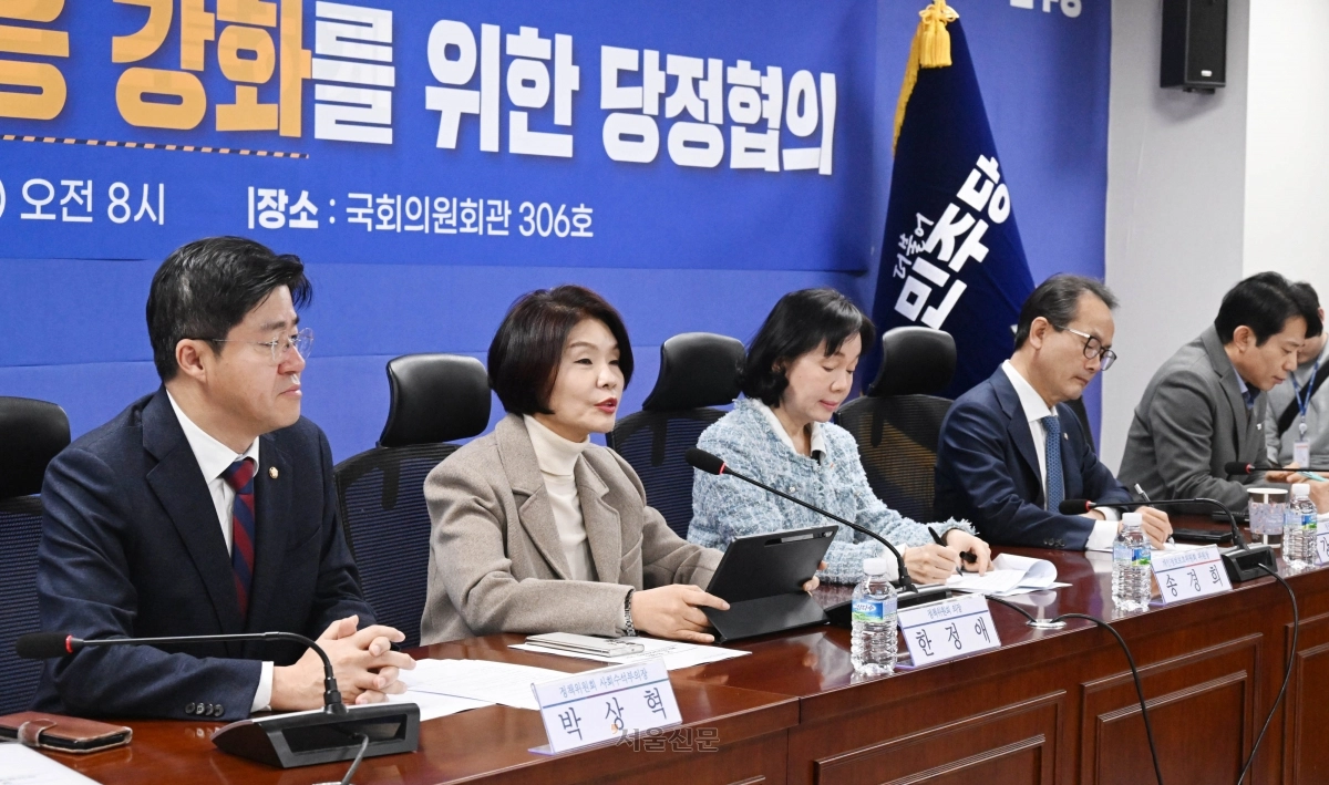 한정애(왼쪽 두 번째) 더불어민주당 정책위의장이 4일 국회에서 열린 개인정보 유출 대응 강화를 위한 당정 협의에서 발언하고 있다.2026.2.4 안주영 전문기자