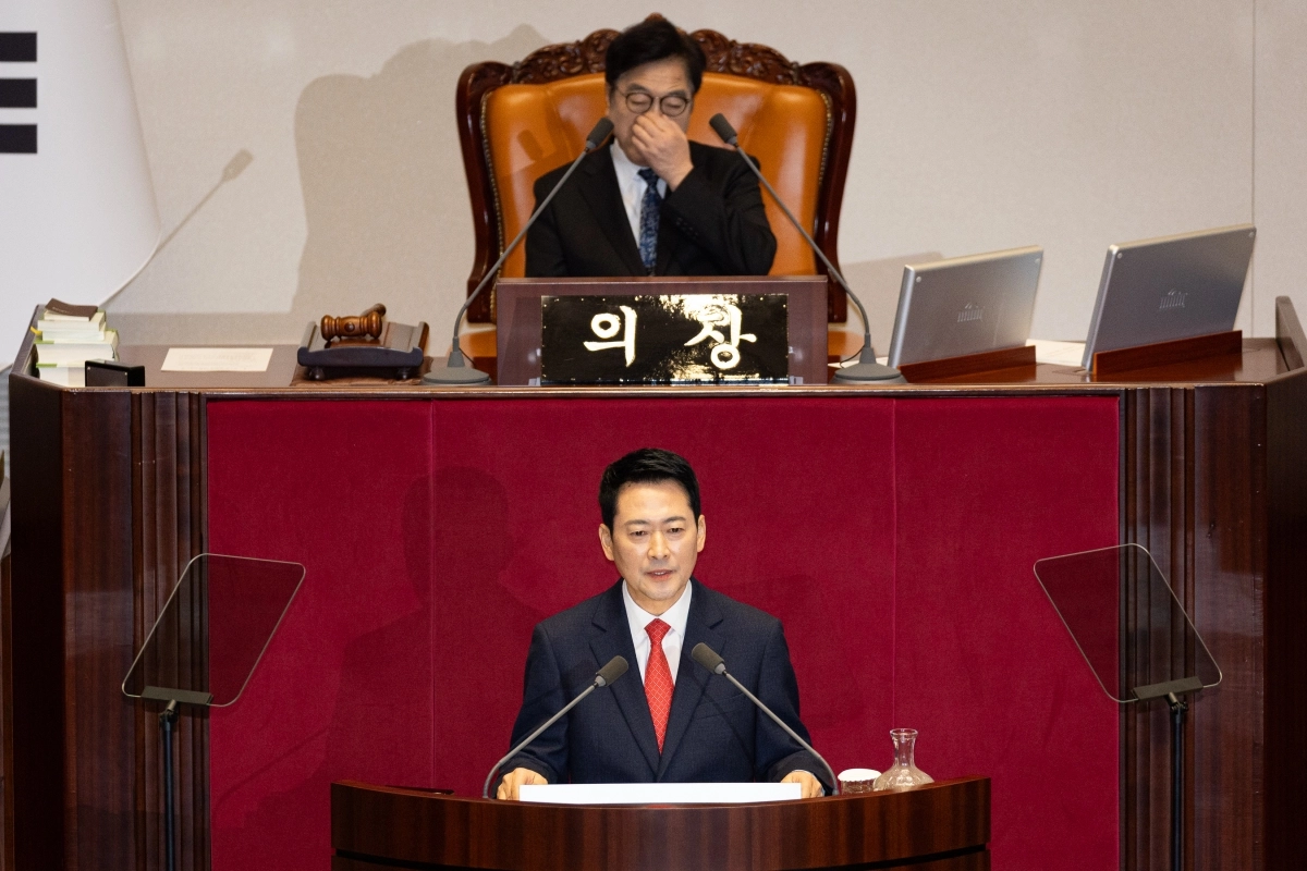 장동혁 국민의힘 대표가 4일 국회에서 열린 제432회 국회(임시회) 제3차 본회의에서 국정에 관한 교섭단체 대표연설을 하고 있다. 2026.2.4 뉴스1