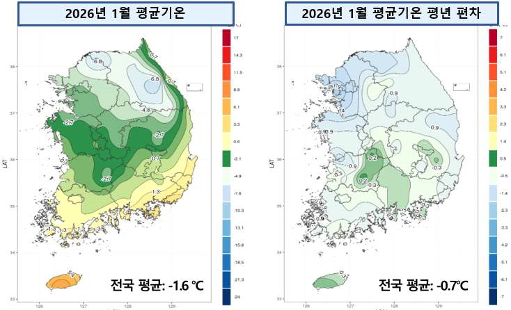 기상청이 4일 발표한 ‘2026년 1월 기후특성’에 따르면 올해 1월은 2018년 이후 가장 추운 1월이자 관측이래 가장 건조한 달로 기록됐다. 사진은 2026년 1월 우리나라 기온 분포도 및 일별 경향 그래픽. 기상청 제공