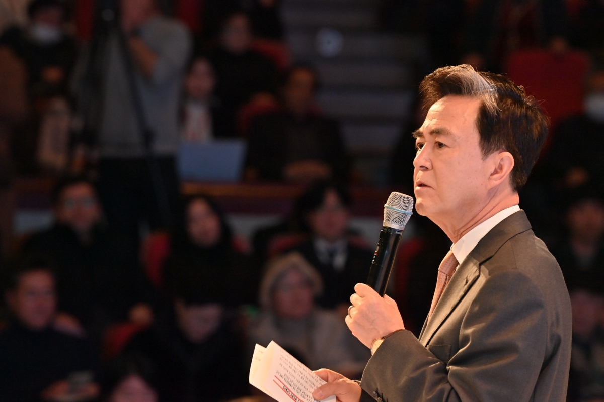김태흠 충남지사가 4일 단국대 천안 캠퍼스에서 열린 행정통합 타운홀 미팅에서 발언하고 있다. 충남도 제공