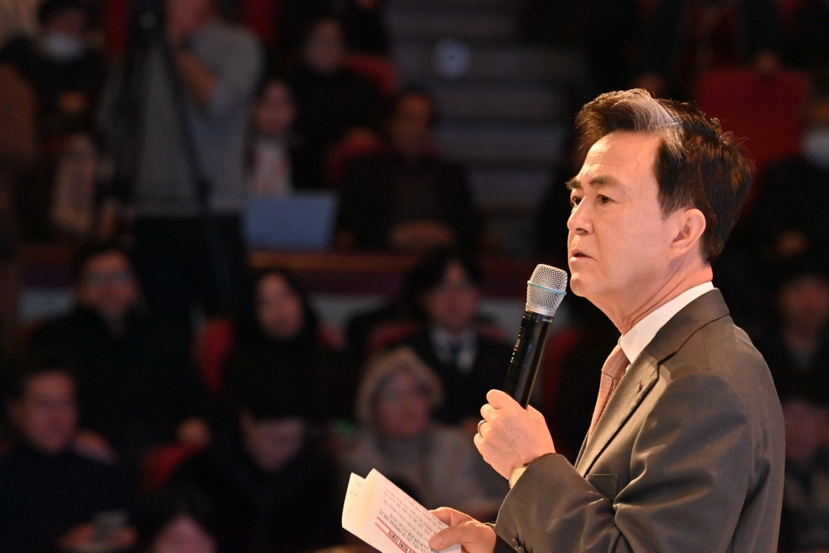 김태흠 충남지사가 4일 단국대 천안 캠퍼스에서 열린 행정통합 타운홀 미팅에서 발언하고 있다. 충남도 제공
