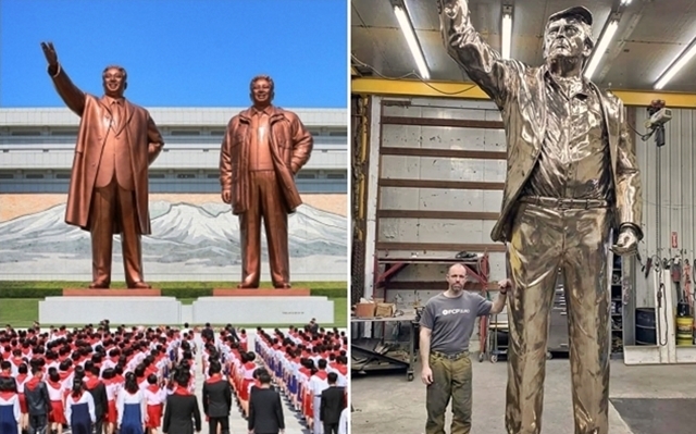 도널드 트럼프 미국 대통령의 두 번째 당선을 기념하는 동상을 제작하고, 밈코인을 발행한 이들이 2026년 말 주요 20개국(G20) 정상회의가 열리는 플로리다주 마이애미 외곽의 ‘트럼프 내셔널 도럴’ 골프 리조트에 받침대 포함 약 7m 높이의 ‘트럼프 동상’(사진 오른쪽)을 세운다. 동상은 2024년 7월 당시 공화당 대선 후보였던 트럼프가 펜실베이니아주 버틀러 유세에서 암살 시도를 겪은 직후 주먹을 치켜든 장면을 바탕으로 제작됐다. 왼쪽은 북한 평양 만수대 언덕의 김일성·김정일 동상. 조각가 앨런 코트릴 인스타그램/평양 조선중앙통신 연합뉴스