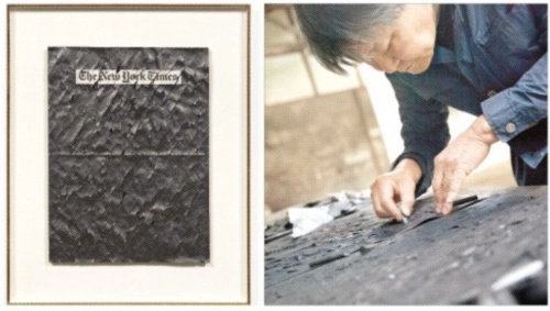 최병소의 ‘무제 0221206’ (왼쪽)과 생전 최 작가가 작업하던 모습. 페로탕 제공