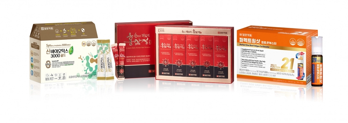 왼쪽부터 ‘신바이오틱스3000골드’, ‘6년근데일리홍삼정’, ‘퍼펙트원샷 피로컷부스터’. 일양약품 제공