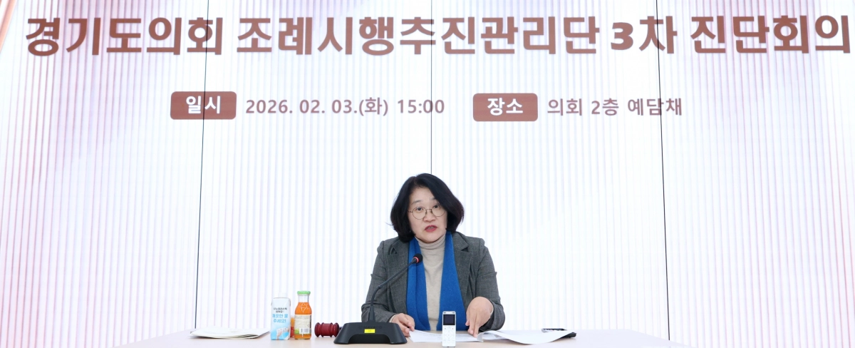 신미숙 의원이 3일 경기도의회 예담채에서 열린 조례시행추진관리단 제3차 진단회의를 주재하고 있다.(사진=경기도의회)