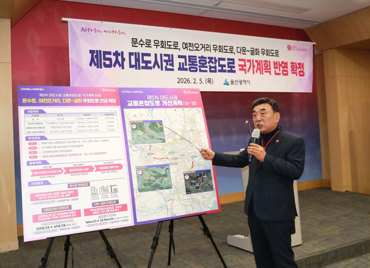 김두겸 울산시장이 5일 오전 울산시청 프레스센터에서 문수로 우회도로 개설 사업 등에 대해 설명하고 있다. 울산시 제공
