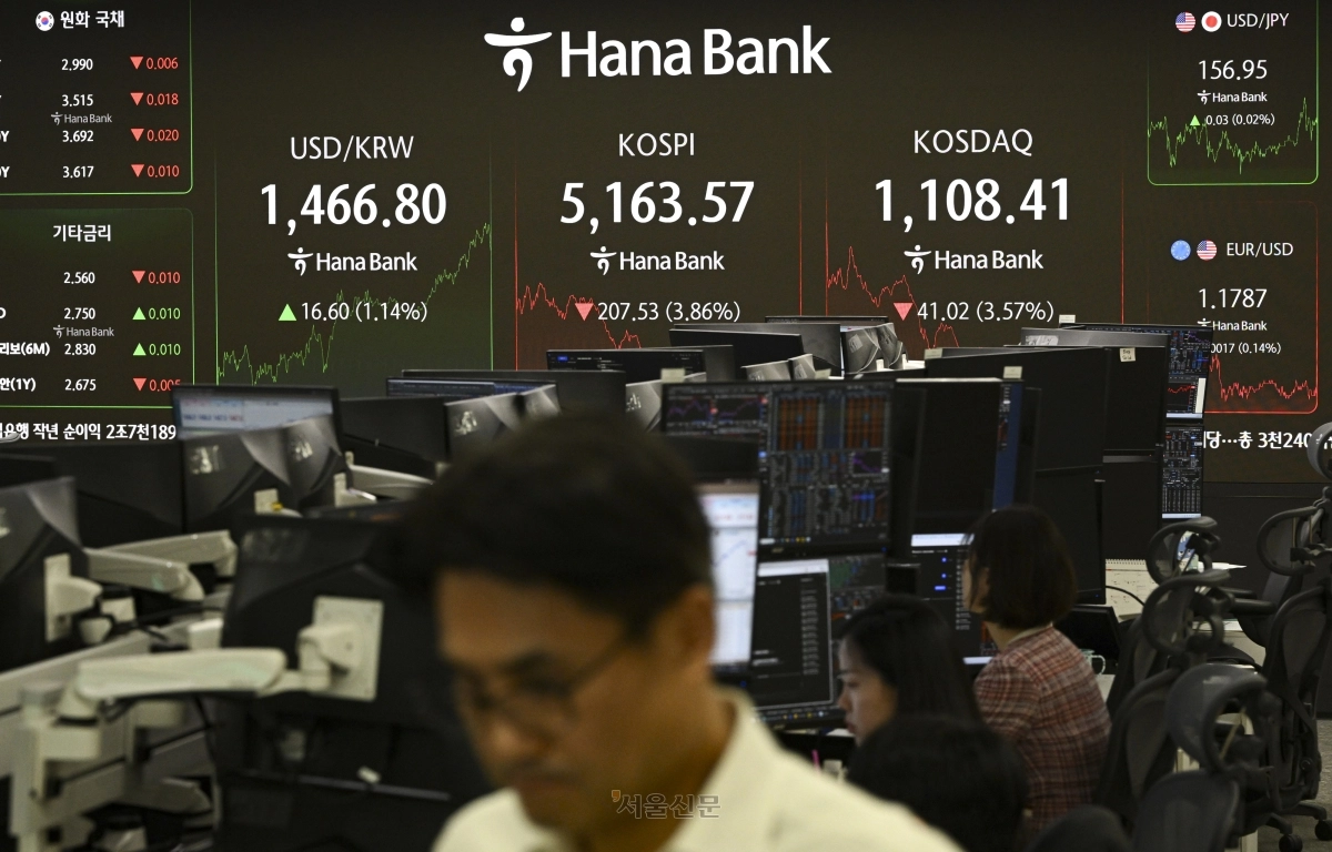 주가지수가 5일 서울 중구 하나은행 딜링룸 현황판에 표시되고 있다. 이날 코스피 지수는 전 거래일 대비 207.53p(3.86%) 내린 5,163.57에, 코스닥은 41.02p(3.57%) 내린 1,108.41에 장을 마감했다. 2026.2.5 이지훈 기자