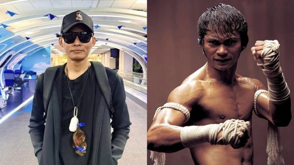 태국 액션 배우 토니 자의 최근 모습(왼쪽 사진)과 과거  영화 ‘옹박’ 시리즈의 포스터. 카오소드 잉글리시 캡처