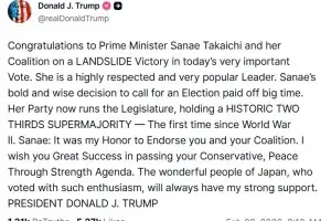 트럼프 “다카이치 총리 승리 축하… ‘힘을 통한 평화’ 성공하길”