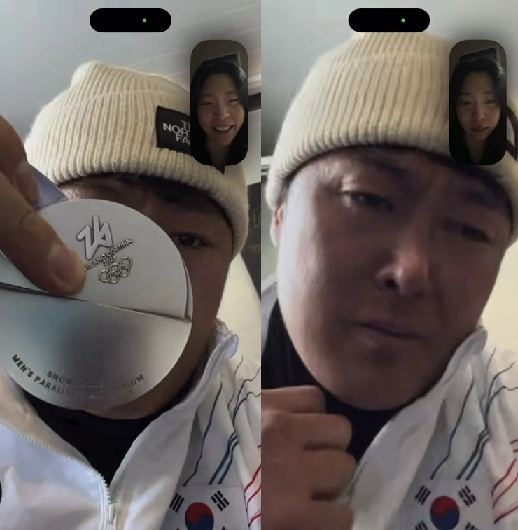2026 밀라노·코르티나담페초 동계 올림픽에서 한국 선수단에 첫 메달을 선사한 스노보드 남자 평행대회전 은메달리스트 김상겸이 아내와의 영상통화 도중 아내에게 은메달을 보여준 뒤 눈물을 흘리고 있다. 자료 : 김상겸 인스타그램