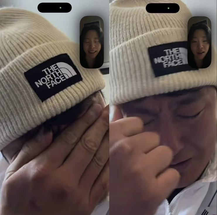 2026 밀라노·코르티나담페초 동계 올림픽에서 한국 선수단에 첫 메달을 선사한 스노보드 남자 평행대회전 은메달리스트 김상겸이 아내와의 영상통화 도중 눈물을 흘리고 있다. 자료 : 김상겸 인스타그램