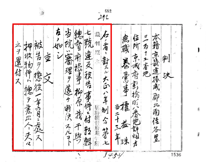 3·1운동에 가담해 징역 1년 6개월을 선고받은 권익수 유공자 판결문. 경기도 제공