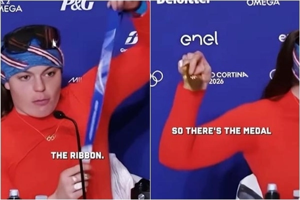 2026 밀라노 코르티나 동계올림픽에서 알파인 스키 여자 활강 금메달리스트 브리지 존슨이 기자회견에서 망가진 메달을 설명하고 있다. 인스타그램 영상 캡처
