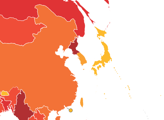 국제투명성기구가 10일 발표한 ‘2025년 국가별 부패인식지수(CPI)’ 결과가 지도 위 색으로 표시돼 있다. 색이 붉을수록 부패 인식 수준이 좋지 않음을 의미하며, 우리나라 지난해 CPI는 OECD 38개국 중 22위로 평가됐다. 한국투명성기구 제공