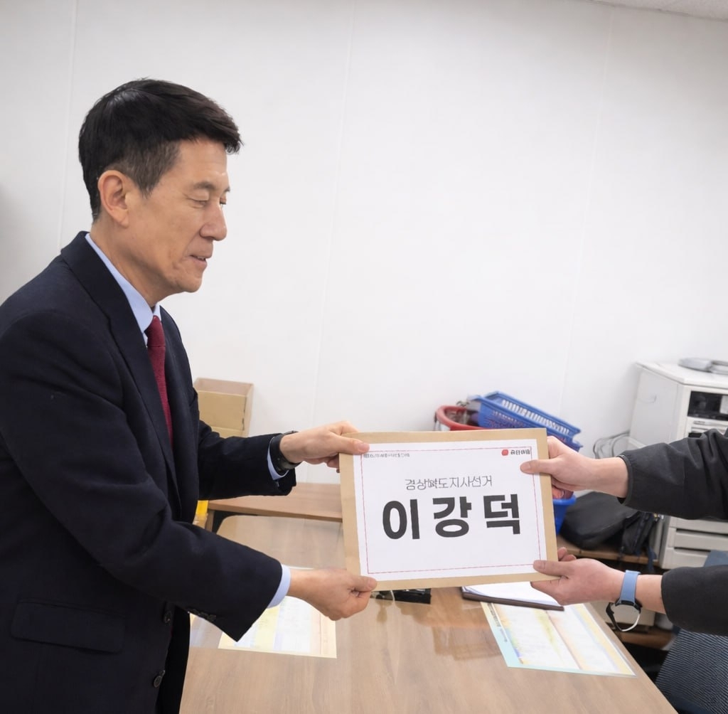 이강덕 전 경북 포항시장이 10일 경북도선거관리위원회에서 경북지사 예비후보로 등록하고 있다. 이강덕 예비후보 제공