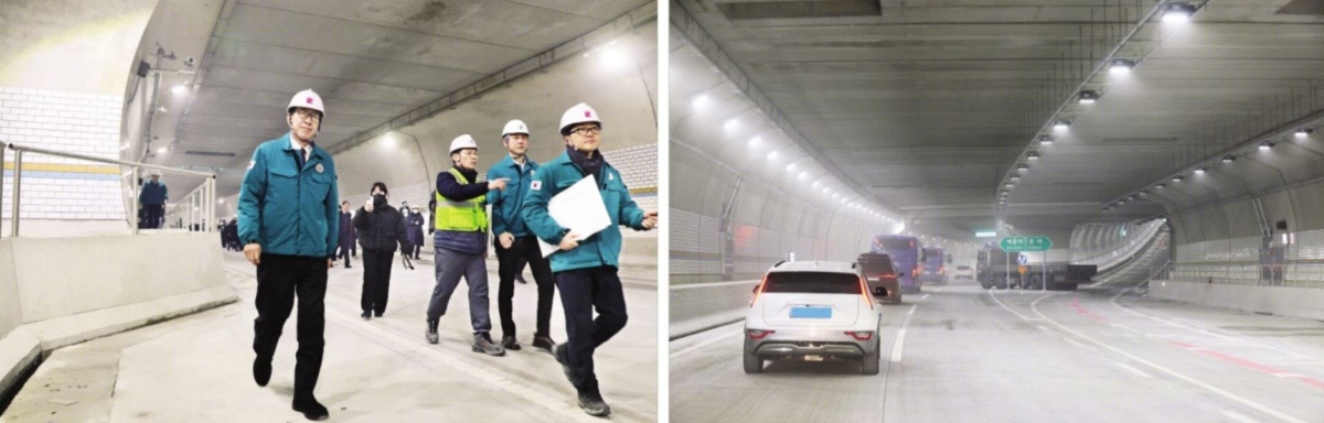 박형준(왼쪽) 부산시장이 지난 4일 부산 만덕~센텀 도시고속화도로 개통에 앞서 현장을 점검하고 있다(왼쪽 사진). 오른쪽 사진은 국내 첫 전 차종 통행이 가능한 대심도 터널인 만덕~센텀 도시고속화도로 내부를 대형 차량들이 지나고 있는 모습. 부산시 제공