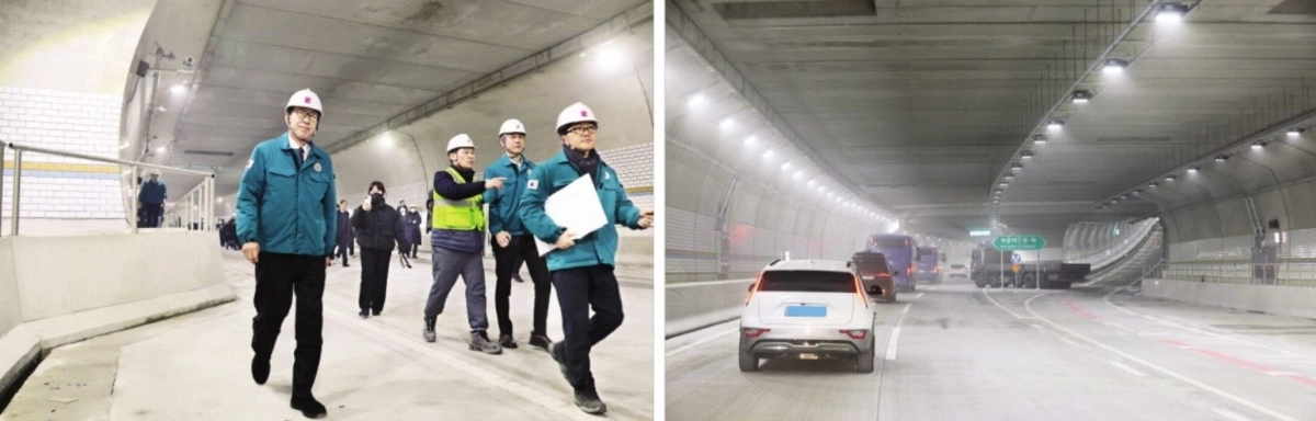 박형준(왼쪽) 부산시장이 지난 4일 부산 만덕~센텀 도시고속화도로 개통에 앞서 현장을 점검하고 있다(왼쪽 사진). 오른쪽 사진은 국내 첫 전 차종 통행이 가능한 대심도 터널인 만덕~센텀 도시고속화도로 내부를 대형 차량들이 지나고 있는 모습. 부산시 제공