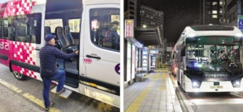 수요응답형 버스 ‘타바라’에 한 승객이 탑승하고 있다(왼쪽 사진). 오른쪽 사진은 부산 동래역 내성교차로에서 해운대구청어귀삼거리까지 약 10.4㎞를 운행하는 심야 자율주행 버스. 부산시 제공