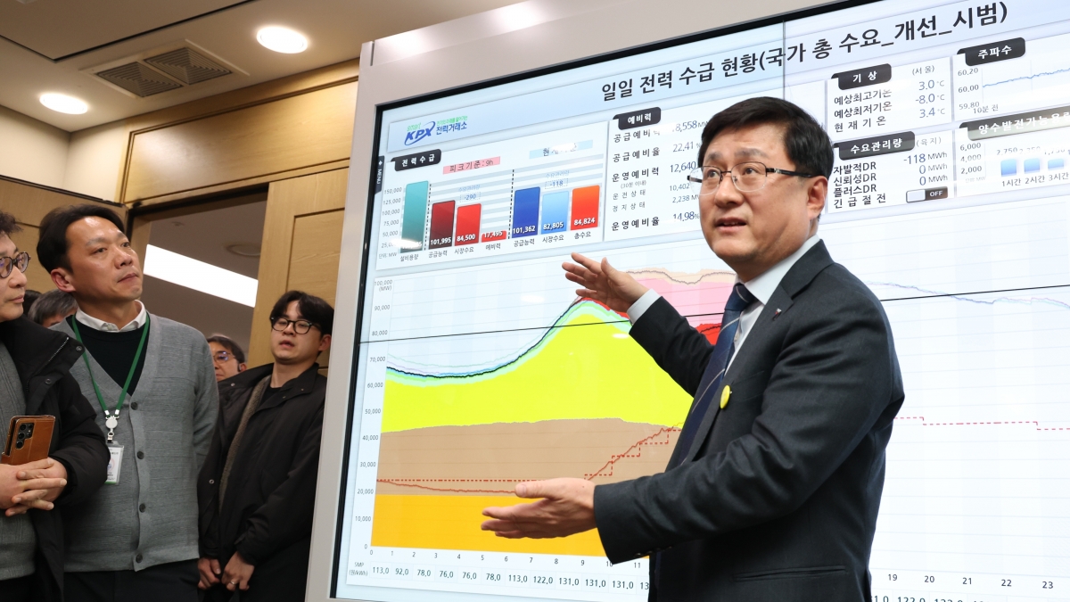 김성환 기후에너지환경부 장관이 지난 9일 정부세종청사 장관실에서 실시간 전력 수급 상황을 설명하고 있다. 세종 뉴스1