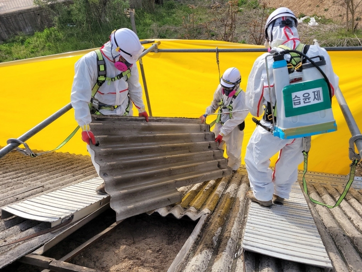 1급 발암물질 슬레이트 처리 전문업체가 전남 장성군 한 농가에서 제거 작업을 하고 있다. (장성군 제공)