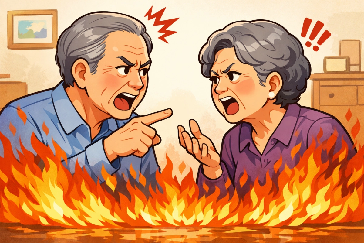 70대 부부가 말다툼을 벌이는 사이 집에 불이 붙은 모습을 인공지능(AI)이 그린 이미지.